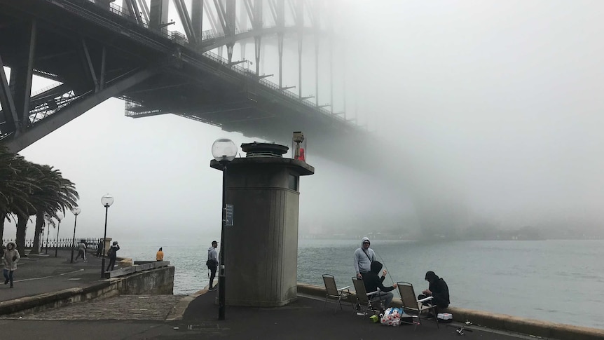 The Sydney Harbour Bridge, partly hidden by fog.