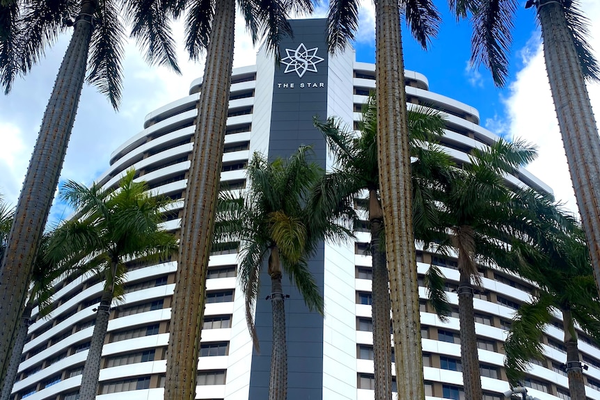 A tall white and black building that says "The Star" at the top, with tall palm trees in the foreground against blue sky.
