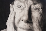 A pencil portrait of a 100 year old woman, focusing on her wrinkles.