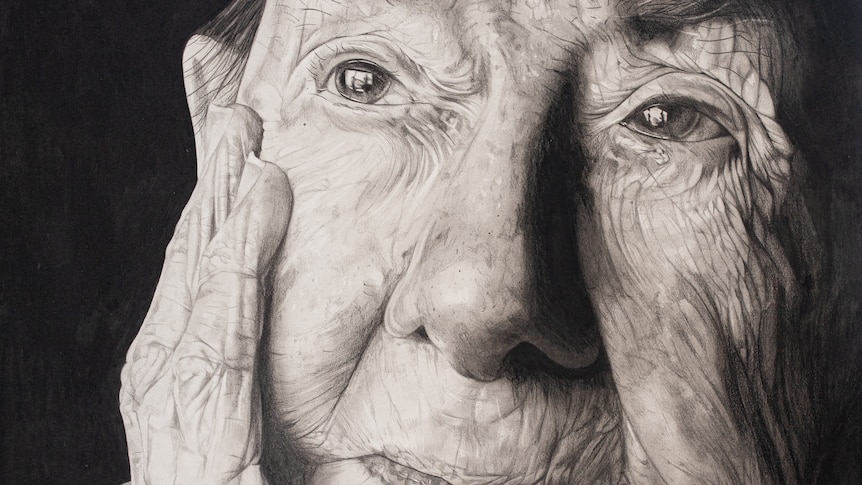 A pencil portrait of a 100 year old woman, focusing on her wrinkles.