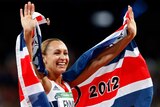 Jessica Ennis of Great Britain celebrates winning gold in the heptathlon.