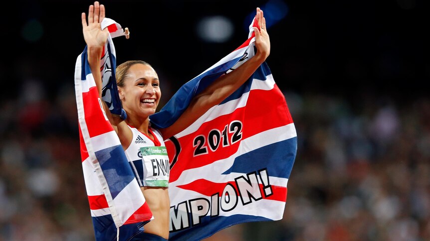 Jessica Ennis of Great Britain celebrates winning gold in the heptathlon.