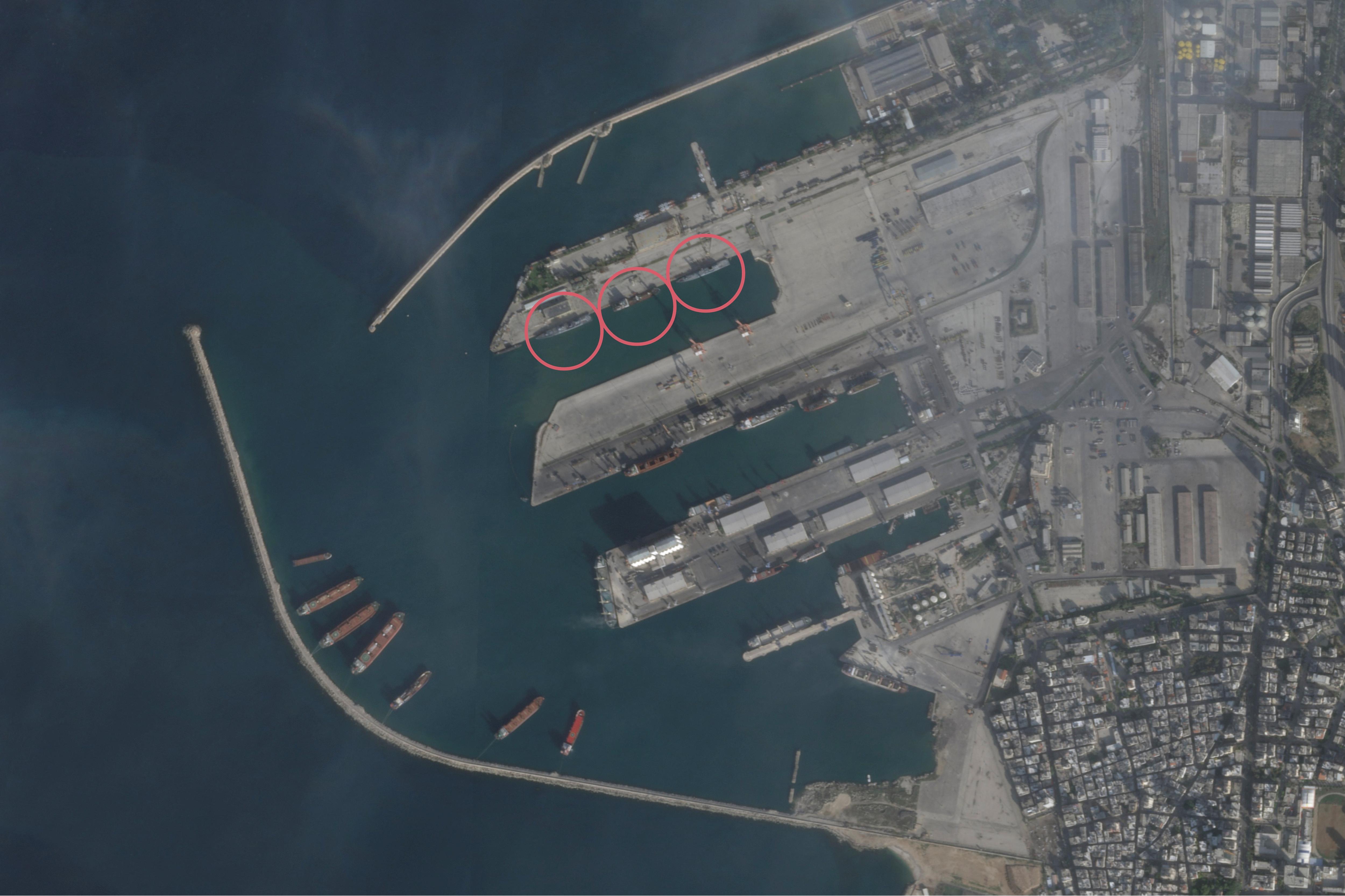 A satellite image of a Russian naval facility in Tartous, with circles showing ships seemingly docked, taken on December 6.