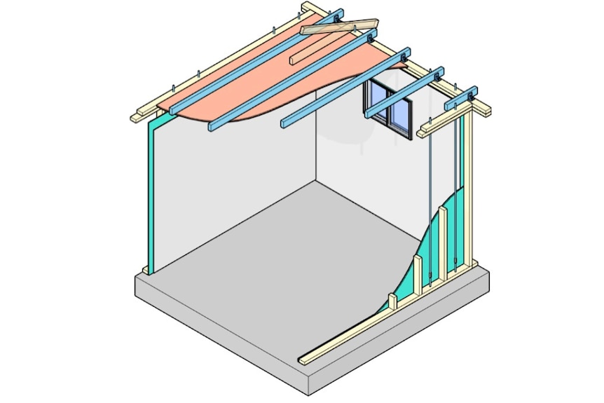 A graphic drawing of a small room which has reinforced walls
