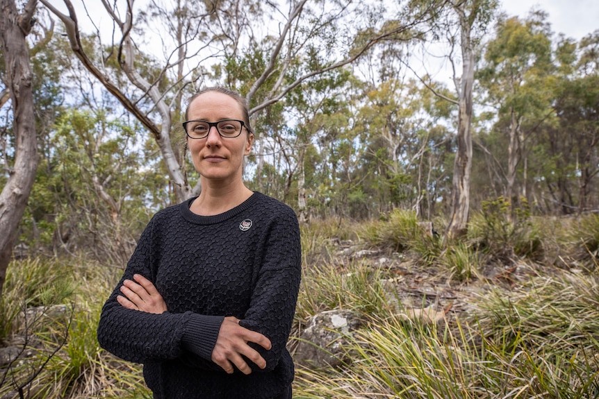 A woman standing in the forest.