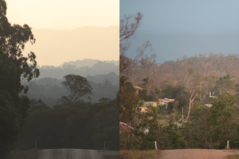 Side-by-side comparison of road into Lockhart River before and after Cyclone Trevor.