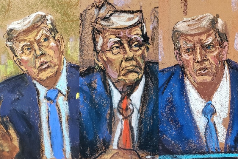 Three court sketches of Donald Trump show him seated in a court room wearing blue suits.