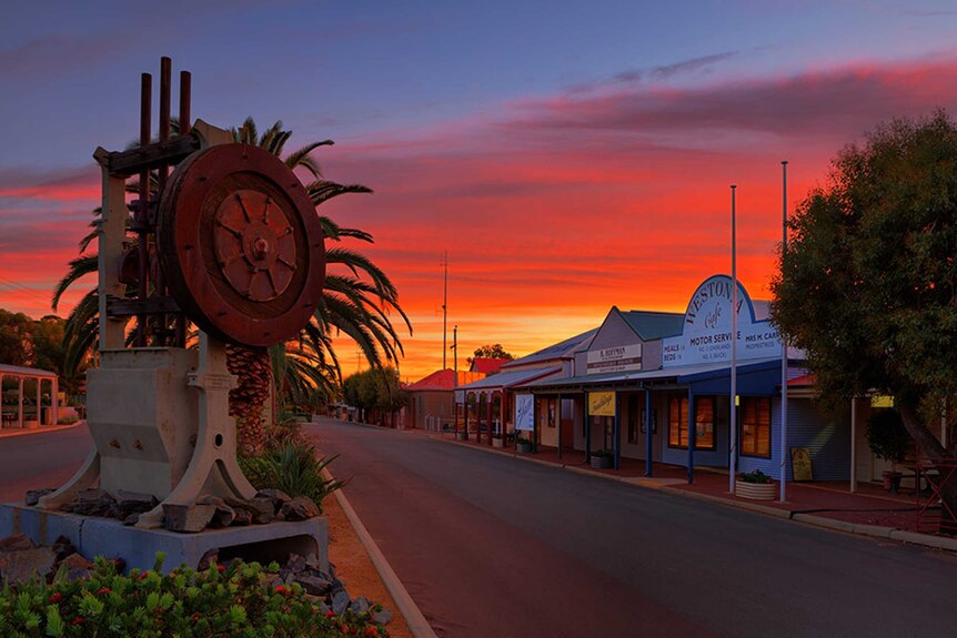 Looking down the main street and the shops of Westonia in Western Australia's eastern wheatbelt at sunset