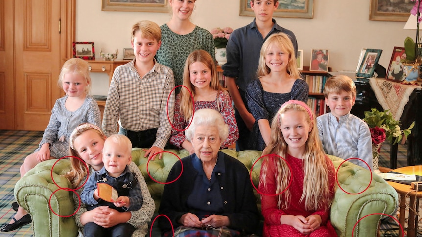 A group photo of Queen Elizabeth and her grandchildren, with circles marking up errors in editing