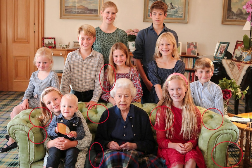 A group photo of Queen Elizabeth and her grandchildren, with circles marking up errors in editing