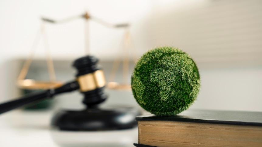 A small green sphere representing Earth on a law book, a gavel and scales in the background