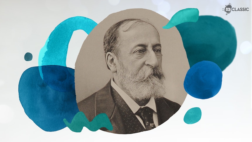 An image of composer Camille Saint-Saëns with stylised musical notation overlayed in tones of teal.