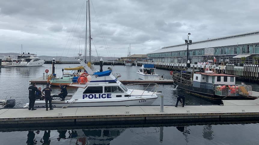 A police boat at the Hobart waterfront.