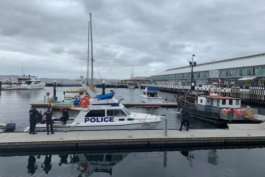 A police boat at the Hobart waterfront.