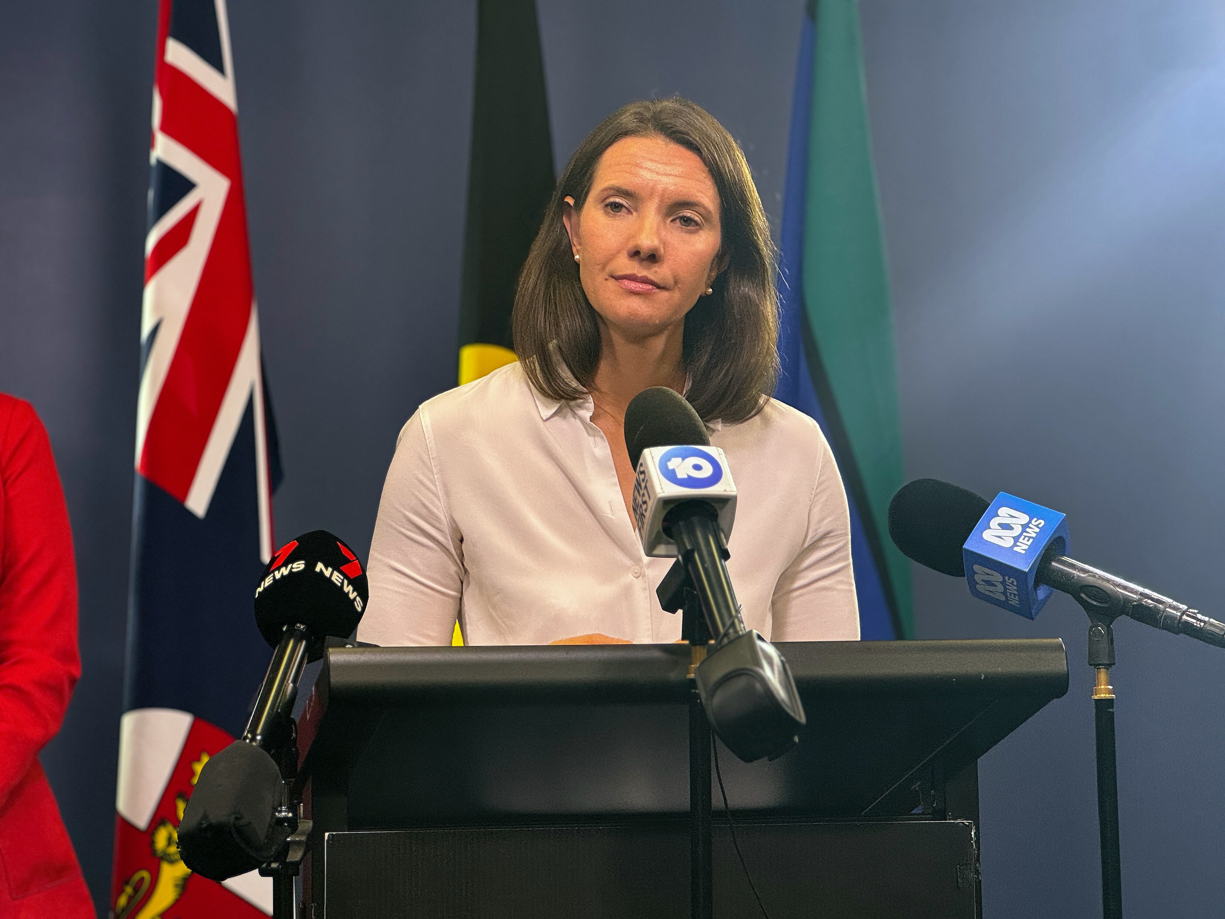 NSW Minister for Mental Health Rose Jackson stands behind a podium at a press conference at parliament house