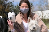 A woman looks into the camera wearing a mask. She holds a small white dog and a black and white larger dog.