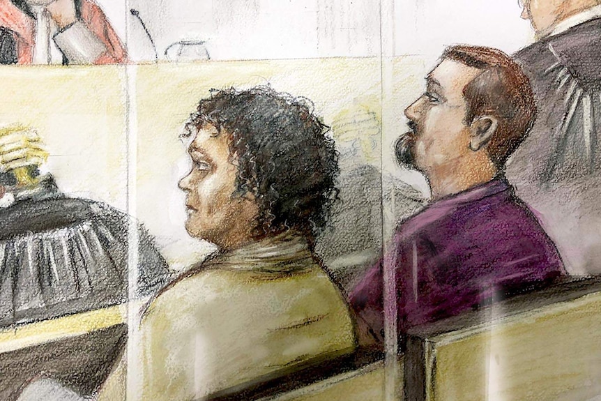 Sketch of Shane Arthur Simpson and Dina Colleen Bond in court