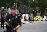 Armed police stand in the street after a car crashed outside the Houses of Parliament in Westminster, London.