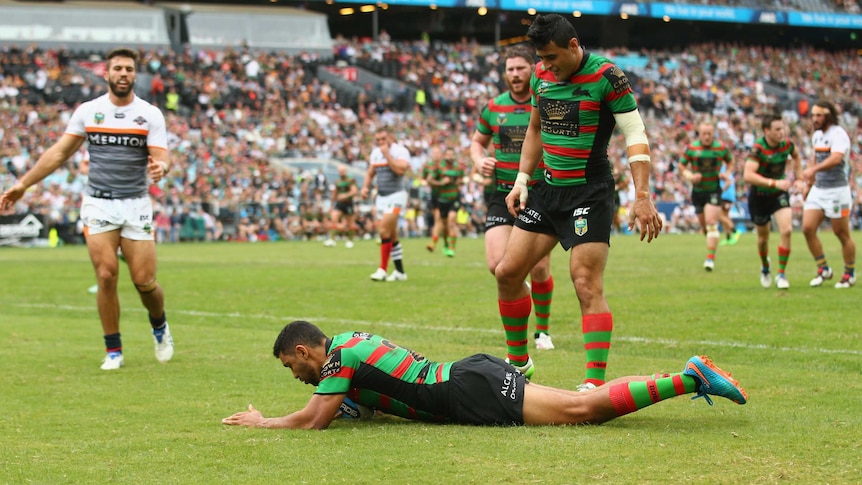 Touching down ... Alex Johnston crosses the stripe for the Rabbitohs