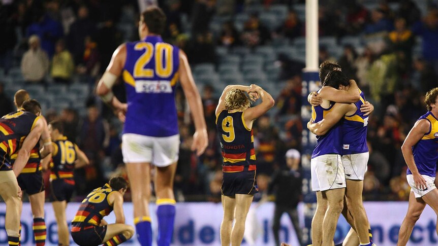 The scene after the final siren of the game between Adelaide and West Coast at Football Park.