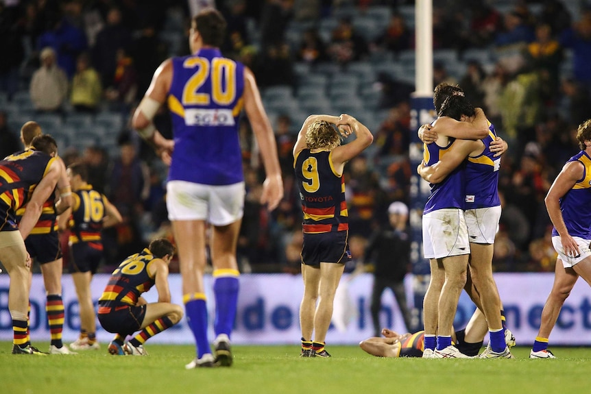 The scene after the final siren of the game between Adelaide and West Coast at Football Park.