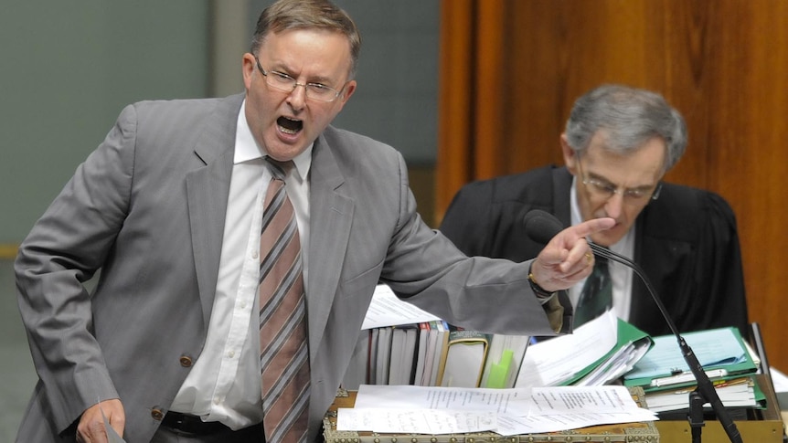 Anthony Albanese gestures during House of Representatives Question Time on November 23, 2011
