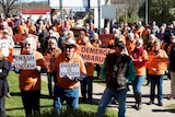 People stand in orange shirts holding signs reading "enough is enough", "demerge tumbarumba"