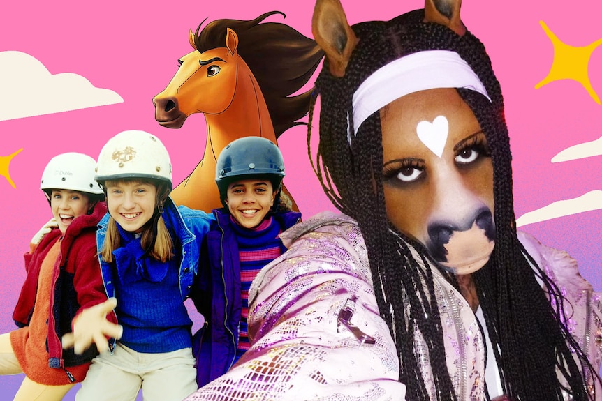 A collage of the DJ HorsegiirL, right, wearing a horse mask, with Carole, Stevie and Lisa from the Saddle Club, left, and Spirit