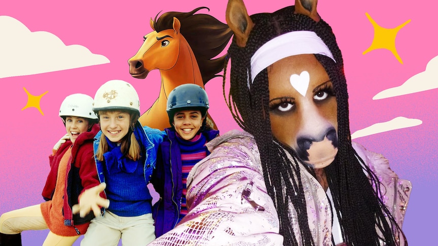 A collage of the DJ HorsegiirL, right, wearing a horse mask, with Carole, Stevie and Lisa from the Saddle Club, left, and Spirit