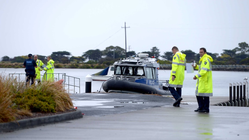 A Victoria Police boat docked at Point Lonsdale following a plane crash at Barwon Heads.