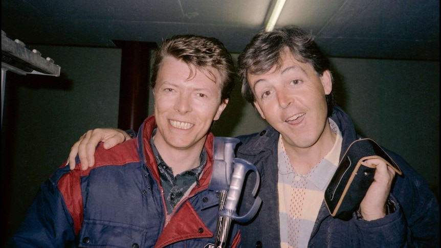 An undated photo of a young David Bowie with Paul McCartney