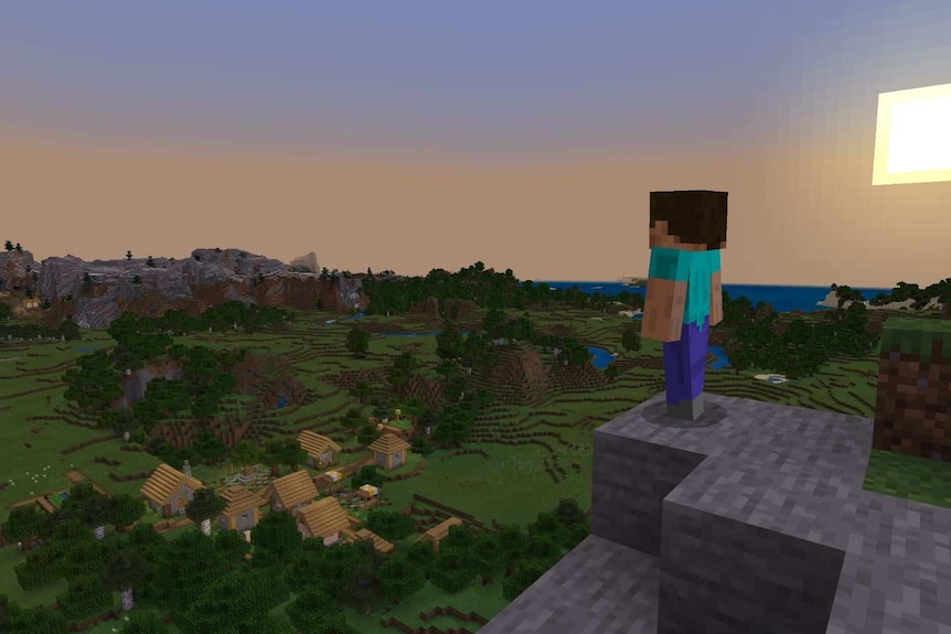 Screenshot from the game Minecraft featuring a blocky character surveying his kingdom