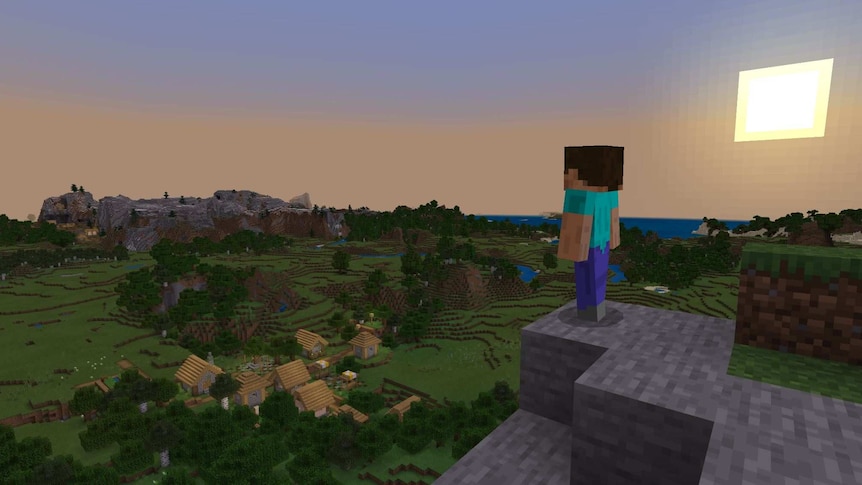 Screenshot from the game Minecraft featuring a blocky character surveying his kingdom