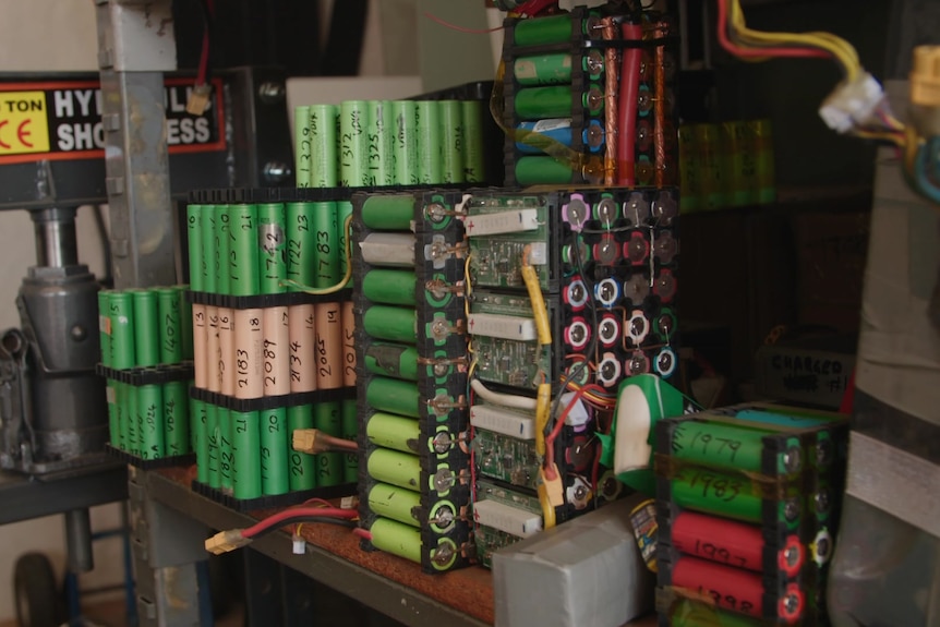 Stacks of recycled laptop batteries.