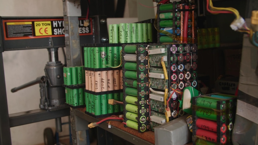 Stacks of recycled laptop batteries.