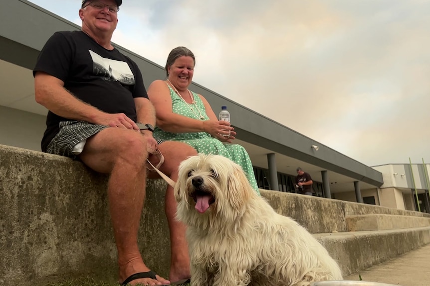 A man and a woman sit outside a government building with their small white dog