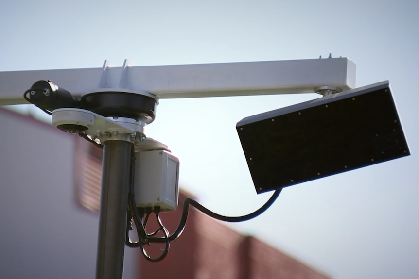 Mounted camera on speed detection mobile trailer.