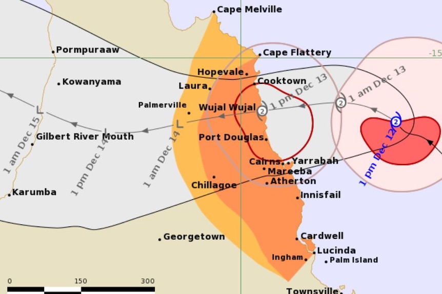 A map forecasting the path of a cyclone off the north-east coast of Australia.