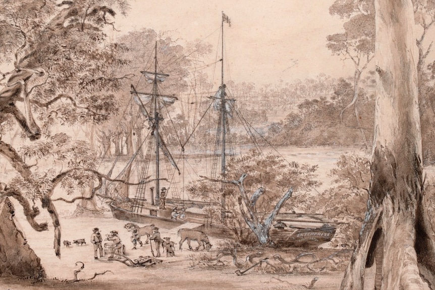 A black and white painting shows men unloading crates from a ship on the banks of the Birrarung (Yarra River).