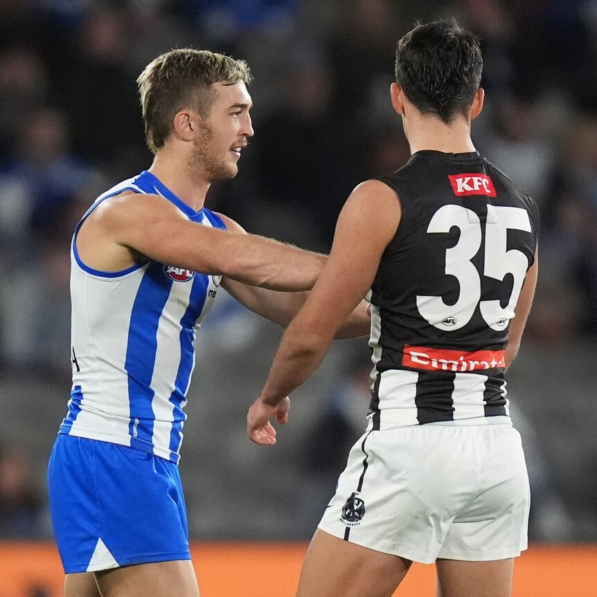 Will Phillips pushes Nick Daicos in the chest