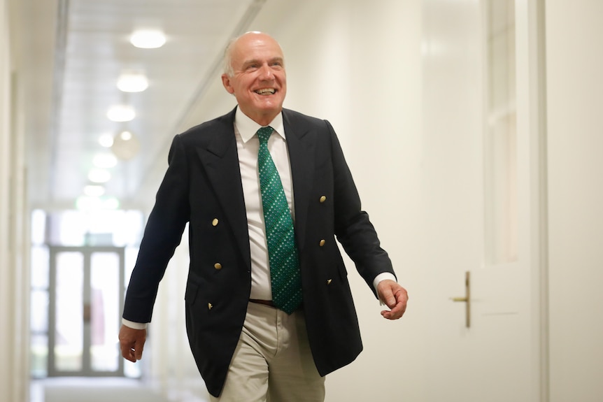 Abetz smiles while wearing a dark suit jacket, tan pants and green tie.