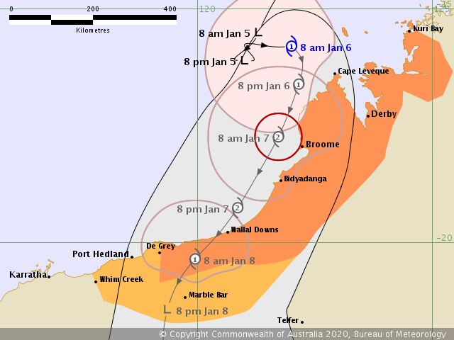 cyclone predicted path, going just past Broom at a category 2 8am January 7. Potentially crossing at Wallal Downs Tues evening