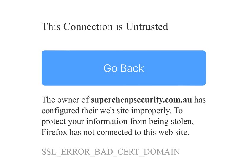 A screenshot of a security warning advising not to enter Supercheap Security's website.