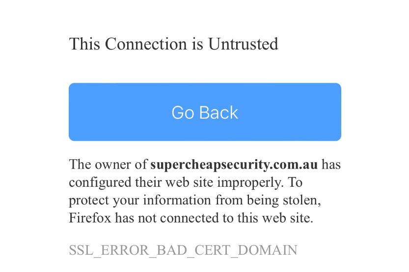 A screenshot of a security warning advising not to enter Supercheap Security's website.
