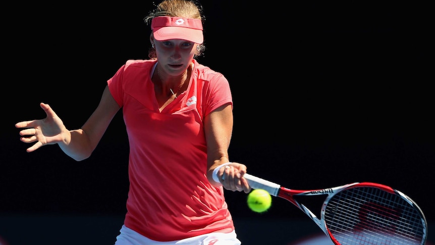 Russian Ekaterina Makarova plays a forehand against Angelique Kerber in the fourth round.