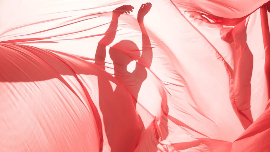 Billowing red sheets are held in front of a silhouette of a dancing female figure.