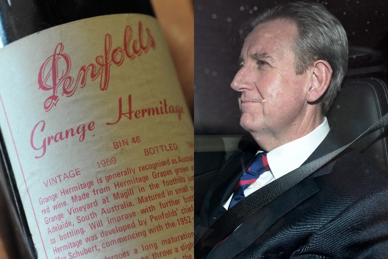 a composite image of a man sitting inside a car on one side and a bottle of wine on the other side