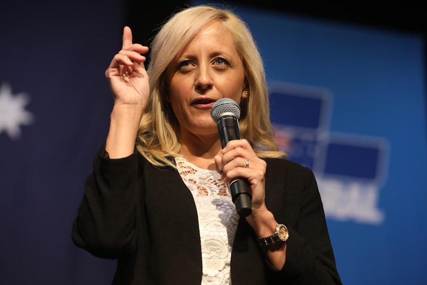 Melissa McIntosh gestures with her hand, pointing up, while holding a microphone. Behind her is a Liberal party logo.