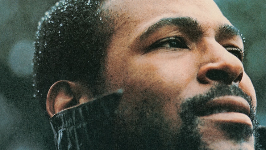 Very close-up photo of Marvin Gaye's face