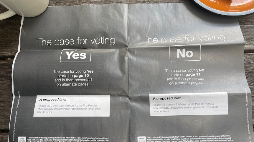 The Voice to Parliament referendum booklet opened to the pages outlining how the Yes and No arguments will appear